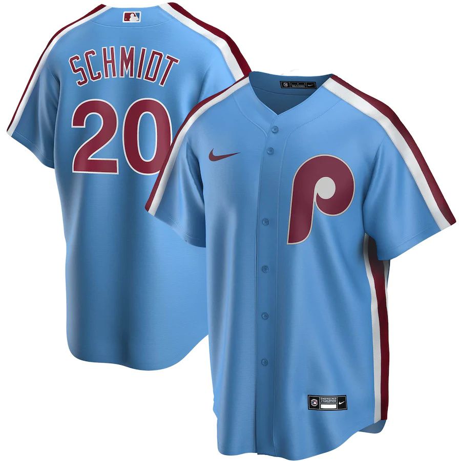 Mens Philadelphia Phillies #20 Mike Schmidt Nike Light Blue Road Cooperstown Collection Replica Player MLB Jerseys->philadelphia phillies->MLB Jersey